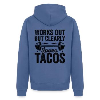 Works Out But Clearly Loves Tacos - Unisex Premium Organic Zip Hoodie - stone blue - Back - Nico (187cm)