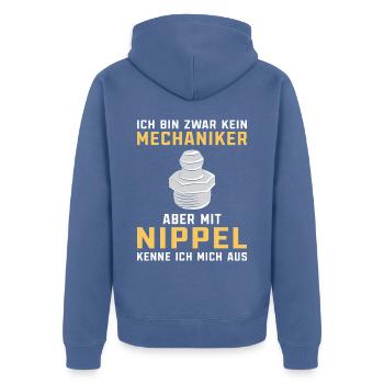 Schmiernippel Spruch KFZ Mechaniker Schrauber - Unisex Premium Bio Zip Hoodie - Taubenblau - Hinten - Nico (187cm)