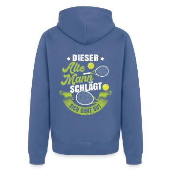 Suche Gegner keine Opfer Tennis Retro - Unisex Premium Bio Zip Hoodie - Taubenblau - Hinten - Nico (187cm)