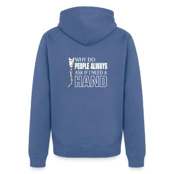 Warum fragen die Leute, ob ich eine Handamputation - Unisex Premium Bio Zip Hoodie - Taubenblau - Hinten - Nico (187cm)