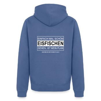 Einfach mal schön EISFISCHEN gehen - Unisex Premium Bio Zip Hoodie - Taubenblau - Hinten - Nico (187cm)