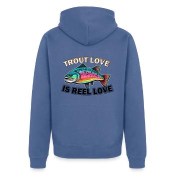 Trout Love is Reel Love For Vintage Fly Fishing - Unisex Premium Bio Zip Hoodie - Taubenblau - Hinten - Nico (187cm)