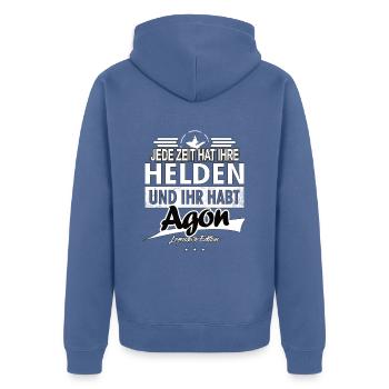 Jede Zeit hat Ihre Helden Ihr habt Agon - Unisex Premium Bio Zip Hoodie - Taubenblau - Hinten - Nico (187cm)