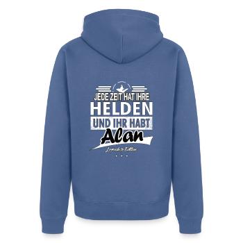 Jede Zeit hat Ihre Helden Ihr habt Alan - Unisex Premium Bio Zip Hoodie - Taubenblau - Hinten - Nico (187cm)