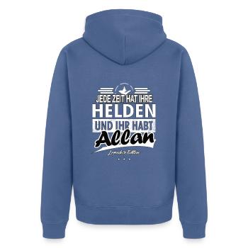 Jede Zeit hat Ihre Helden Ihr habt Allan - Unisex Premium Bio Zip Hoodie - Taubenblau - Hinten - Nico (187cm)