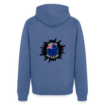 Hamilton Skyline Neuseeland Flagge Reise-Souvenir - Unisex Premium Bio Zip Hoodie - Taubenblau - Hinten - Nico (187cm)
