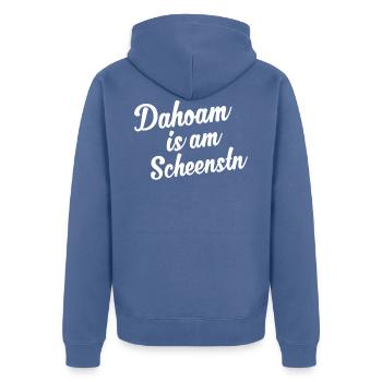 Bayerischer Spruch Dahoam Is Am Scheenstn Lustig - Unisex Premium Bio Zip Hoodie - Taubenblau - Hinten - Nico (187cm)