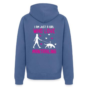 Mantrailing Hundesport Fährtenhund - Unisex Premium Bio Zip Hoodie - Taubenblau - Hinten - Nico (187cm)