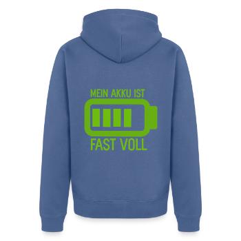 Mein Akku ist fast Voll Batterie und Energie - Unisex Premium Bio Zip Hoodie - Taubenblau - Hinten - Nico (187cm)