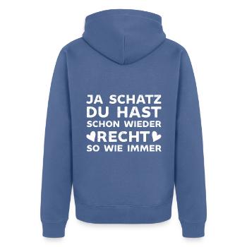 Ja mein Schatz du hast wie immer Recht - Unisex Premium Bio Zip Hoodie - Taubenblau - Hinten - Nico (187cm)