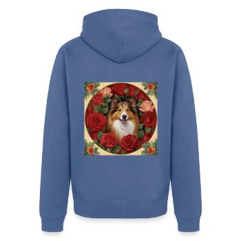 Collie and Red Roses - Unisex Premium Organic Zip Hoodie - stone blue - Back - Nico (187cm)