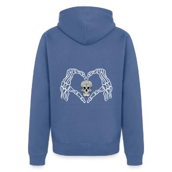 The hands of a skeleton with the skull - Unisex Premium Organic Zip Hoodie - stone blue - Back - Nico (187cm)