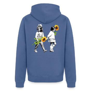 Flower Children | two little girls with sunflowers - Unisex Premium Organic Zip Hoodie - stone blue - Back - Nico (187cm)