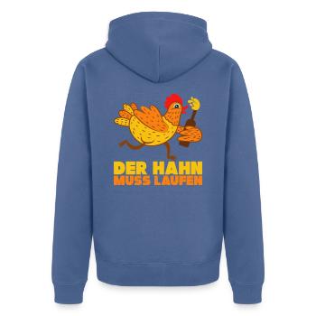 Der Hahn Muss Laufen Schlager Fan Geschenk - Unisex Premium Bio Zip Hoodie - Taubenblau - Hinten - Nico (187cm)