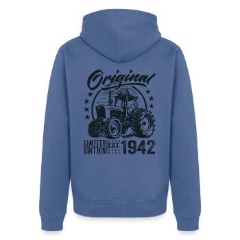 Original 1942 Anniversaire 1942 Fermier Tracteur - Veste à capuche bio Premium Unisexe - bleu pigeon - Dos - Nico (187cm)