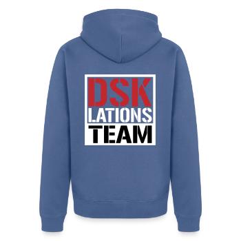 Deeskalationsteam DSKlations Team Farben änderbar - Unisex Premium Bio Zip Hoodie - Taubenblau - Hinten - Nico (187cm)