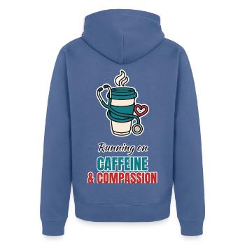 Caffeine and Compassion – Pflege mit Kaffee - Unisex Premium Bio Zip Hoodie - Taubenblau - Hinten - Nico (187cm)