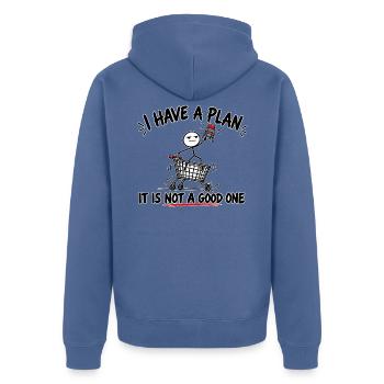ICH HABE EINEN PLAN, ABER ER IST KEIN GUTER. - Unisex Premium Bio Zip Hoodie - Taubenblau - Hinten - Nico (187cm)