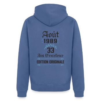 33 ans anniversaire aout 1989 - Veste à capuche bio Premium Unisexe - bleu pigeon - Dos - Nico (187cm)