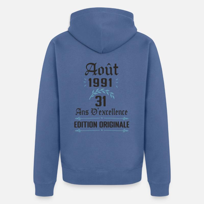 31 ans anniversaire aout 1991 - Veste à capuche bio Premium Unisexe - bleu pigeon