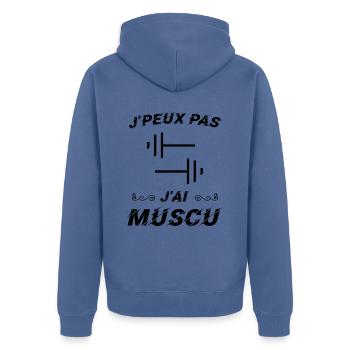 J peux pas j ai muscu - Veste à capuche bio Premium Unisexe - bleu pigeon - Dos - Nico (187cm)