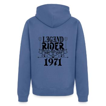 Legend rider Are born in 1971 - Veste à capuche bio Premium Unisexe - bleu pigeon - Dos - Nico (187cm)