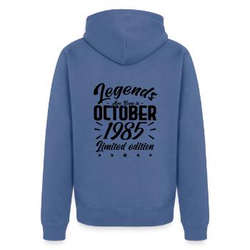 LEGENDS WERDEN IM NOVEMBER 1985 JUBILÄUMSGESCHENK GEBOREN. - Unisex Premium Bio Zip Hoodie - Taubenblau - Hinten - Nico (187cm)