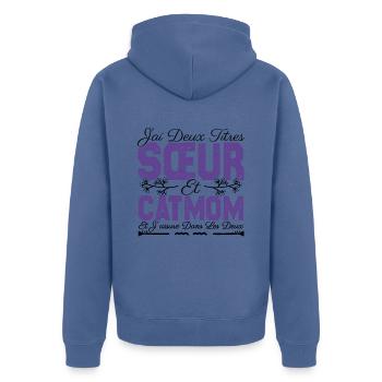 J'ai deux titres Sœur et catmom. Cadeau soeur.chat - Veste à capuche bio Premium Unisexe - bleu pigeon - Dos - Nico (187cm)