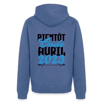Annonce grossesse. bientôt Oncle Avril 2023. - Veste à capuche bio Premium Unisexe - bleu pigeon - Dos - Nico (187cm)