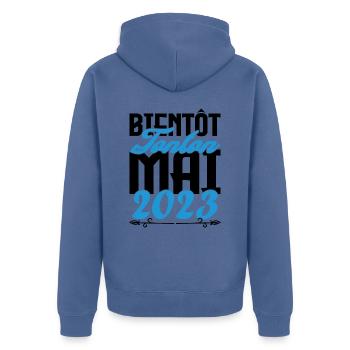 Cadeau Annonce grossesse bientôt Tonton Mai 2023 - Veste à capuche bio Premium Unisexe - bleu pigeon - Dos - Nico (187cm)