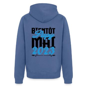 Cadeau Annonce grossesse bientôt Papy Mai 2023. - Veste à capuche bio Premium Unisexe - bleu pigeon - Dos - Nico (187cm)