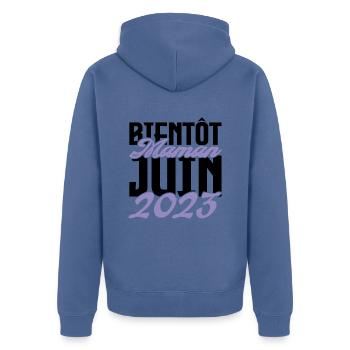 Annonce grossesse. bientôt Maman Juin 2023.maman - Veste à capuche bio Premium Unisexe - bleu pigeon - Dos - Nico (187cm)