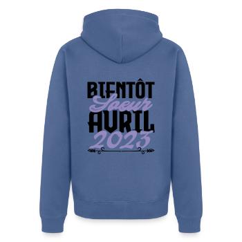 Annonce grossesse. bientôt Sœur Avril 2023.soeur - Veste à capuche bio Premium Unisexe - bleu pigeon - Dos - Nico (187cm)