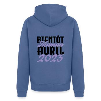 Annonce grossesse. bientôt Maman Avril 2023.maman - Veste à capuche bio Premium Unisexe - bleu pigeon - Dos - Nico (187cm)