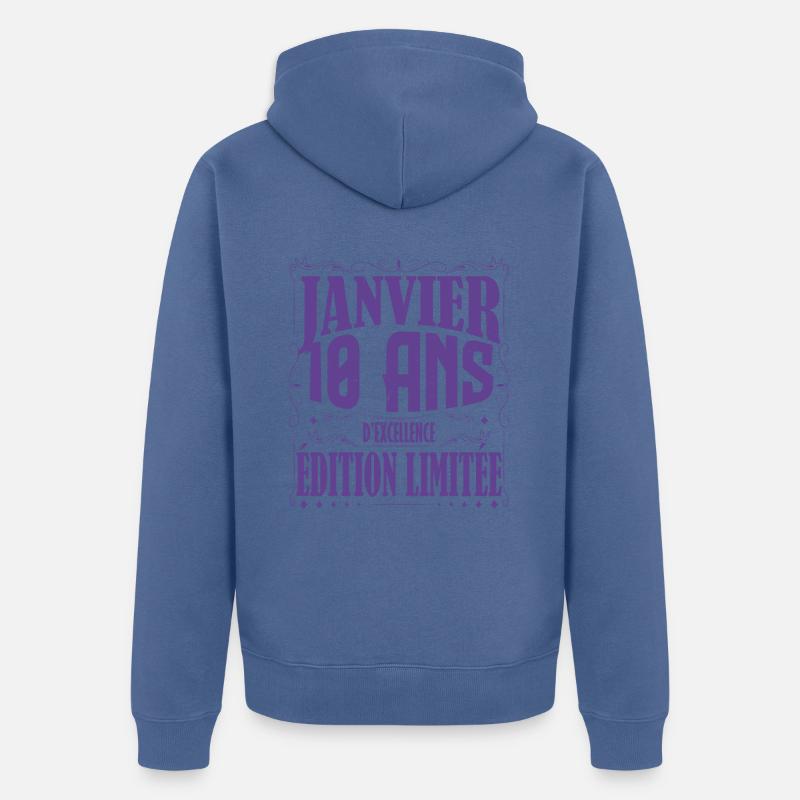 Janvier 10 ans. Cadeau 10 ans janvier anniversaire - Veste à capuche bio Premium Unisexe - bleu pigeon