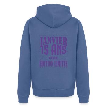 Janvier 15 ans. Cadeau 15 ans janvier anniversaire - Veste à capuche bio Premium Unisexe - bleu pigeon - Dos - Nico (187cm)