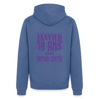 Janvier 18 ans. Cadeau 18 ans janvier anniversaire - Veste à capuche bio Premium Unisexe - bleu pigeon - Dos - Nico (187cm)