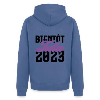 Cadeau Annonce grossesse bientôt Tata 2023. Tante. - Veste à capuche bio Premium Unisexe - bleu pigeon - Dos - Nico (187cm)
