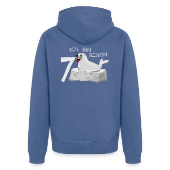 Lachende Robbe auf Fels - 7. Geburtstag - Unisex Premium Bio Zip Hoodie - Taubenblau - Hinten - Nico (187cm)