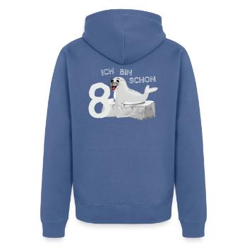Lachende Robbe auf Fels - 8. Geburtstag - Unisex Premium Bio Zip Hoodie - Taubenblau - Hinten - Nico (187cm)