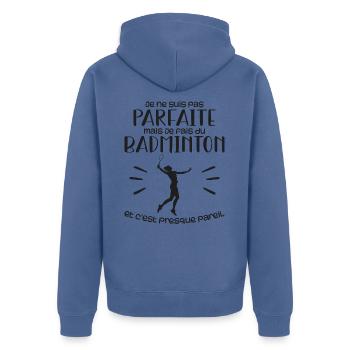Ich bin nicht perfekt, aber ich spiele Badminton - Unisex Premium Bio Zip Hoodie - Taubenblau - Hinten - Nico (187cm)