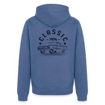 Klassisch 1974. - Unisex Premium Bio Zip Hoodie - Taubenblau - Hinten - Nico (187cm)