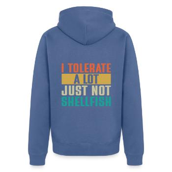 Ich toleriere vieles, nur keine Schalentiere - Unisex Premium Bio Zip Hoodie - Taubenblau - Hinten - Nico (187cm)
