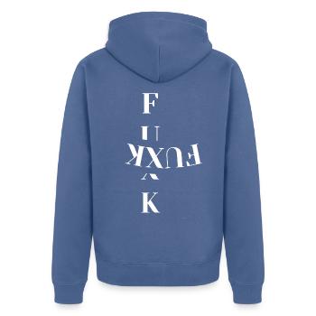 Verdrehte Typografie in Schwarzweiß - Unisex Premium Bio Zip Hoodie - Taubenblau - Hinten - Nico (187cm)