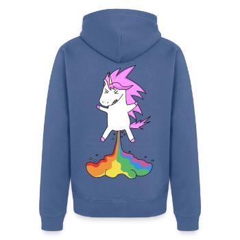 Lustiges Einhorn mit Regenbogen - Unisex Premium Bio Zip Hoodie - Taubenblau - Hinten - Nico (187cm)