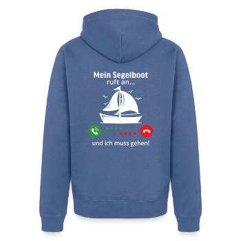 mein segelboot ruft an und ich muss gehen - Unisex Premium Bio Zip Hoodie - Taubenblau - Hinten - Nico (187cm)