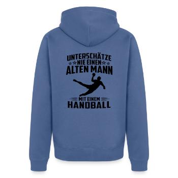 Unterschätze Nie Alten Mann Mit Handball - Unisex Premium Bio Zip Hoodie - Taubenblau - Hinten - Nico (187cm)
