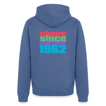 60ème Anniversaire février 1962 Chaos since 1962 - Veste à capuche bio Premium Unisexe - bleu pigeon - Dos - Nico (187cm)