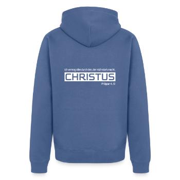 Jesus Christus Shirt für Damen und Herren Christ - Unisex Premium Bio Zip Hoodie - Taubenblau - Hinten - Nico (187cm)