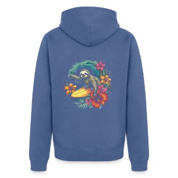 Surfer Faultier Geschenk Vintage Surfen - Unisex Premium Bio Zip Hoodie - Taubenblau - Hinten - Nico (187cm)